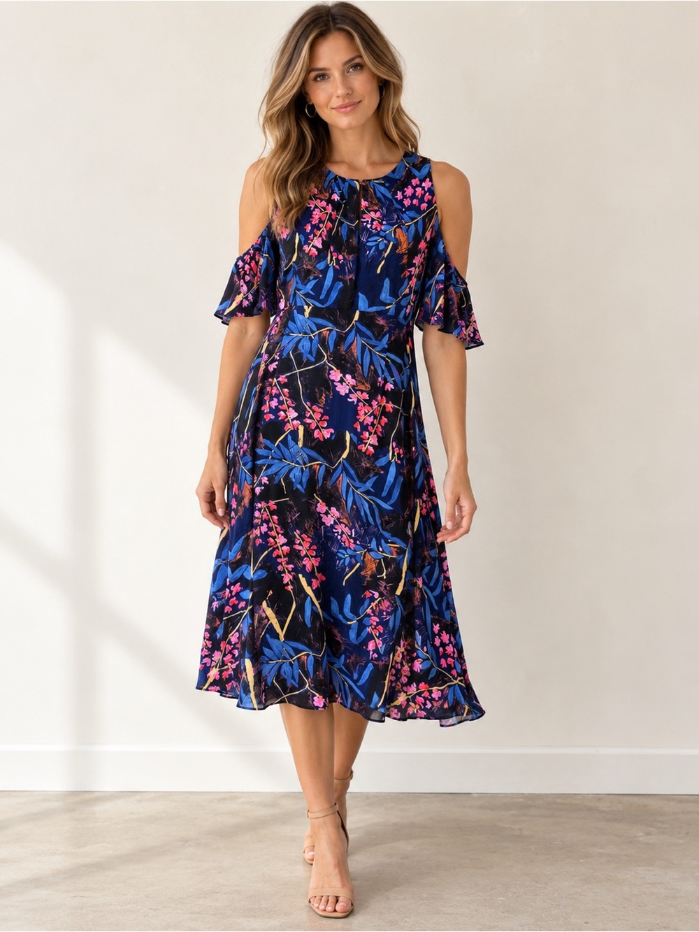 Maeve Anthropologie Cold-Shoulder Floral Midi Dress in Navy & Pink